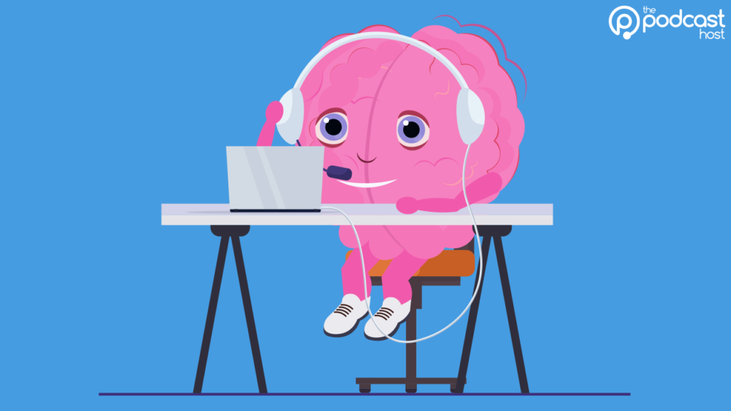 a brain using a laptop for podcasting