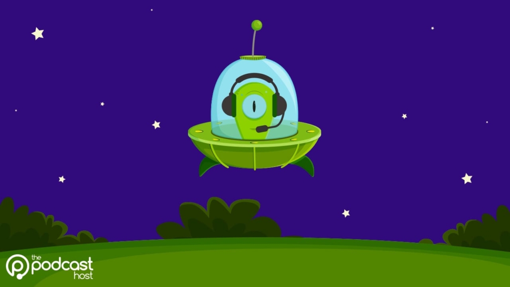 alien podcaster in flying saucer wondering why nobody listens to his podcast