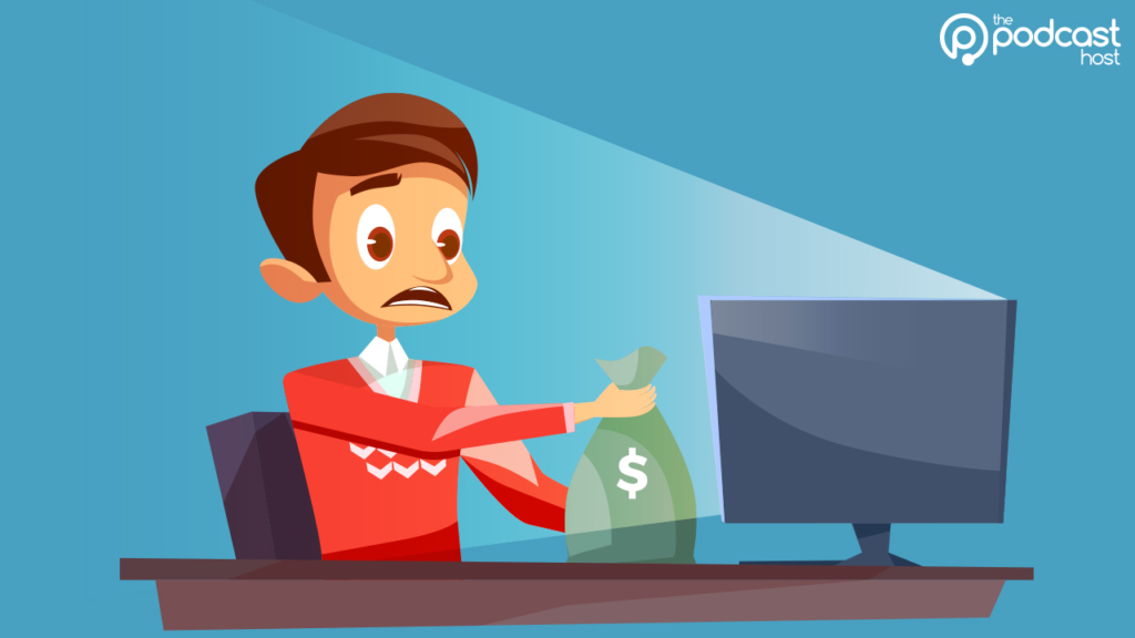 A sad podcaster giving money to his computer