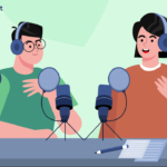 two podcasters with headphones sitting in front of a video camera