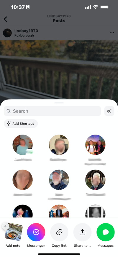 Instagram's sharing interface makes it easy for a post to go viral within the platform. Once you click on the share symbol, the UX displays your friends on the platform with whom you share things most. Below is a sub-menu of options to share outside of Instagram.